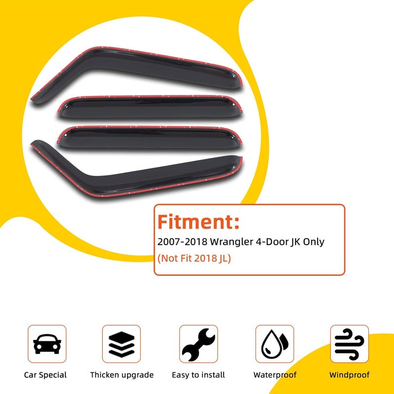 PLDDE Window Rain Guard Compatible with 2007-2018 Jeep Wrangler JK 4-Door Front+Rear Sun/Rain Guard Outside Mount Window Visors 4 PCS - Image 2